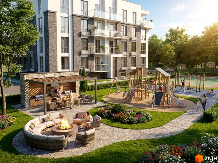 Житловий комплекс Family space: будинок з білими та сірими фасадами. На території є барбекю, вогнище, дитячий та спортивний майданчики.