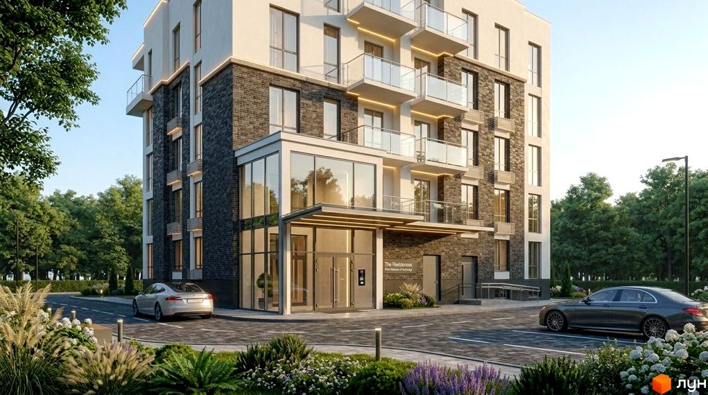 Житловий комплекс Family space. Багатоповерховий будинок з комбінованим фасадом, скляними балконами та великим входом. Територія озеленена, з доріжками та припаркованими автомобілями.