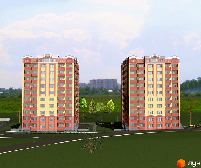 Зображення фасаду та прибудинкової території Житлового комплексу Родинний затишок. Два багатоповерхові будинки з балконами та зеленою зоною.