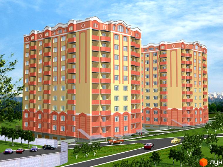 Зображення Житлового району Родинний затишок: багатоповерхові будинки з балконами та прибудинкова територія з дорогою та зеленими насадженнями.