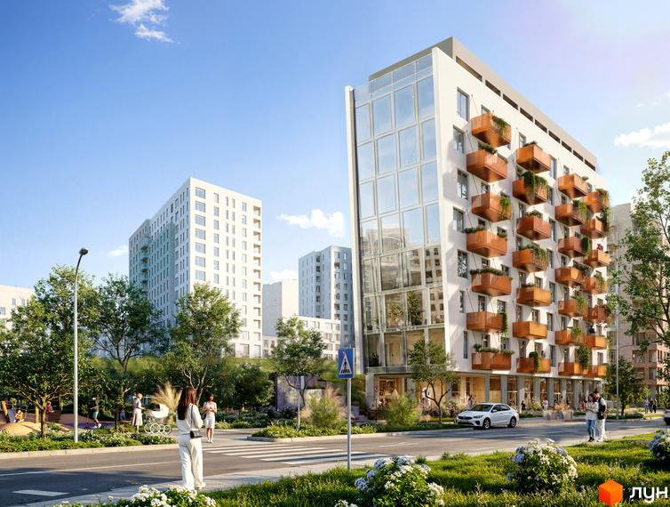 Житловий комплекс KREDO Unit з білим фасадом, скляними секціями та балконами з рослинами. Прибудинкова територія має зелені насадження, пішохідні зони та дитячий майданчик.