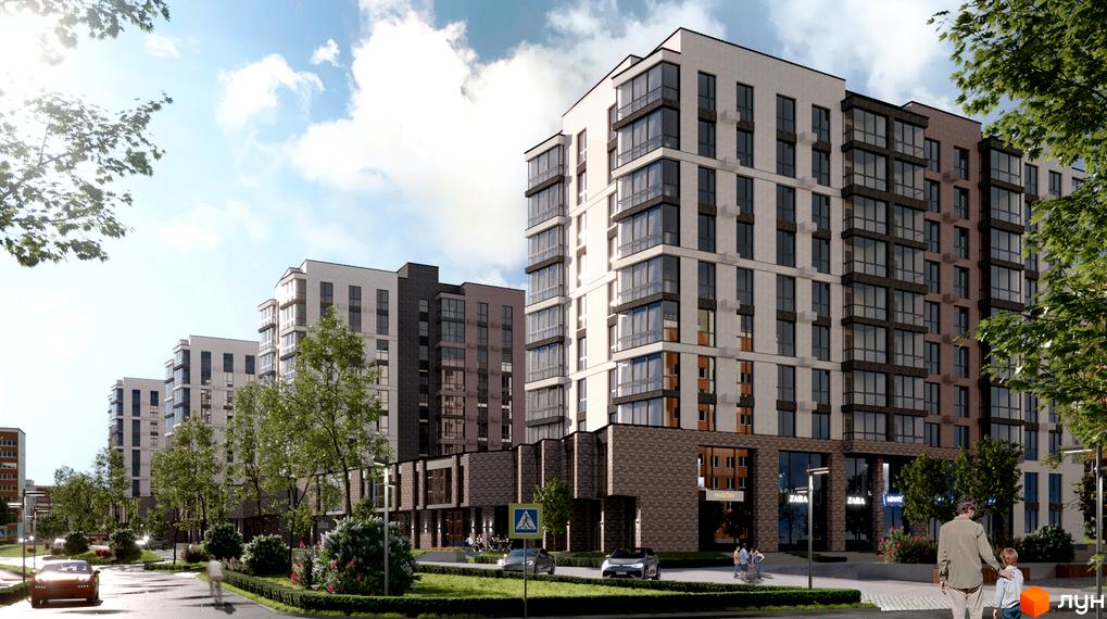 Житловий комплекс AR/GO residence з будинками світлих відтінків та магазинами. Територія з деревами та доріжками.