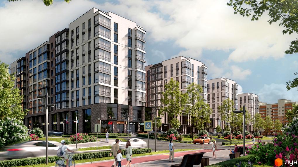 Житловий комплекс AR/GO residence: багатоповерхові будинки з комерційними приміщеннями. Облаштована територія з зеленню, доріжками та дорогою.