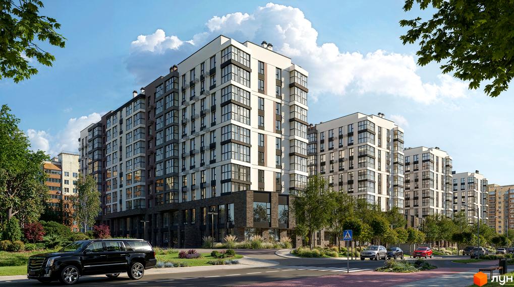 Житловий комплекс AR/GO residence з білими та темно-сірими фасадами, великими вікнами, оточений зеленими насадженнями та дорогою.