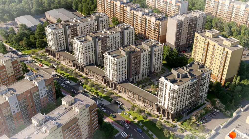 Житловий комплекс AR/GO residence: багатоповерхові будинки з білими та коричневими фасадами, оточені зеленими насадженнями, дорогою та підземним паркінгом.