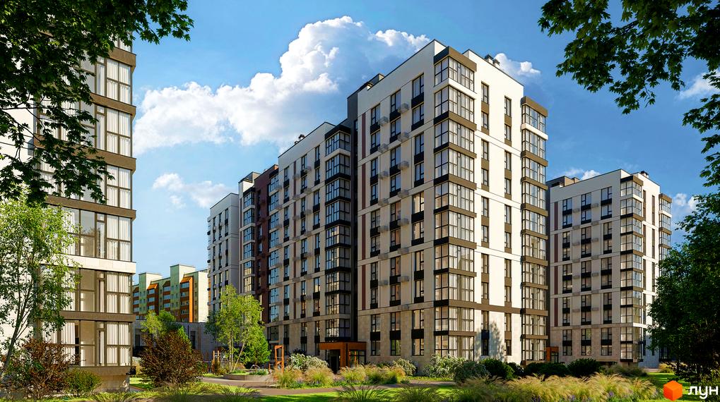 Житловий комплекс AR/GO residence з багатоповерховими будинками світлих відтінків та темними віконними рамами. Прибудинкова територія озеленена деревами, кущами та газоном під блакитним небом.