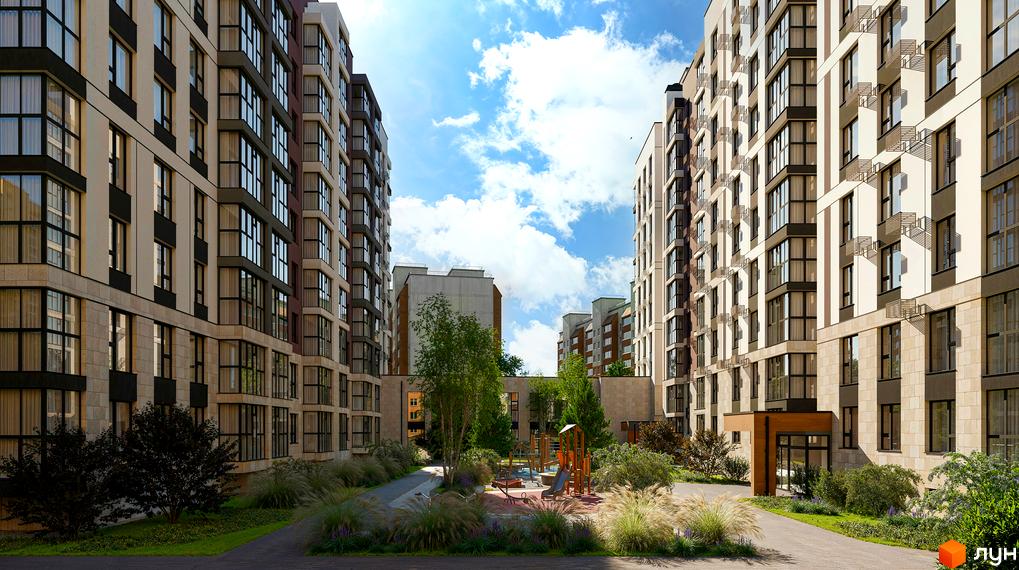 Житловий комплекс AR/GO residence: багатоповерхові будинки зі світлими фасадами та кам'яними елементами, внутрішній двір з дитячим майданчиком та зеленими насадженнями.