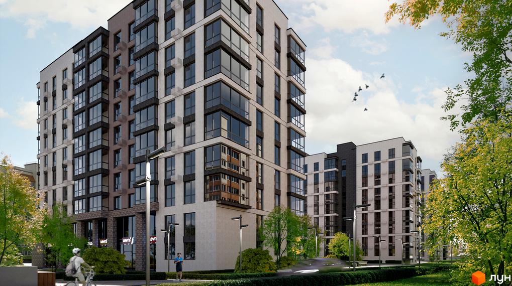 Багатоповерхові будинки Житлового комплексу AR/GO residence з комбінованими фасадами та великими вікнами. Прибудинкова територія озеленена деревами та освітленням.