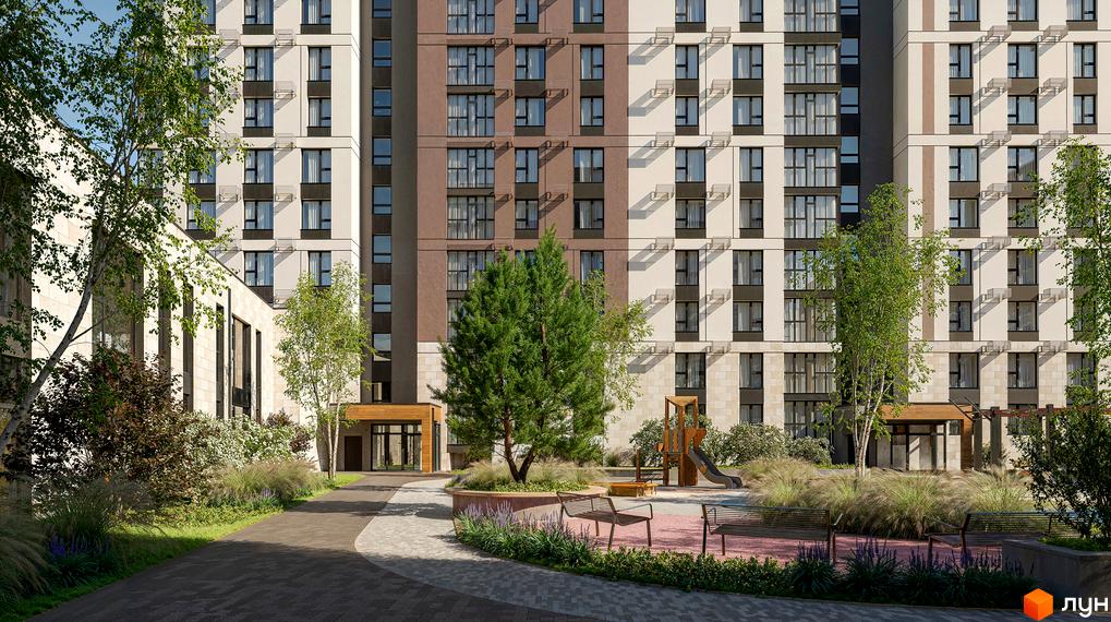 Фасад Житлового комплексу AR/GO residence з бежевими та коричневими панелями, великими вікнами. Прибудинкова територія з зеленими насадженнями, доріжками та дитячим майданчиком.