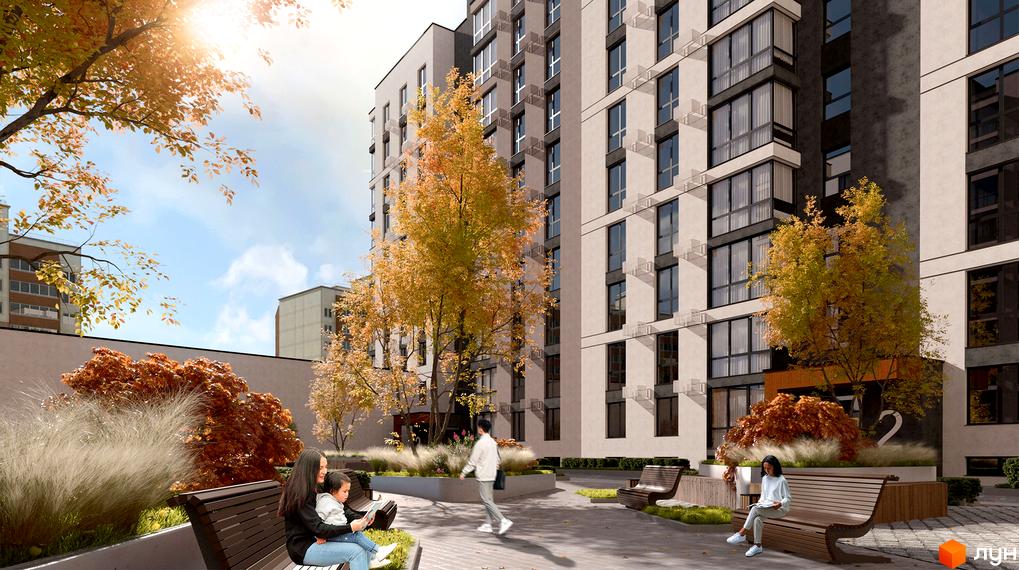 Житловий комплекс AR/GO residence має світлі та темні фасади з великими вікнами. Прибудинкова територія з осінніми деревами та лавками.