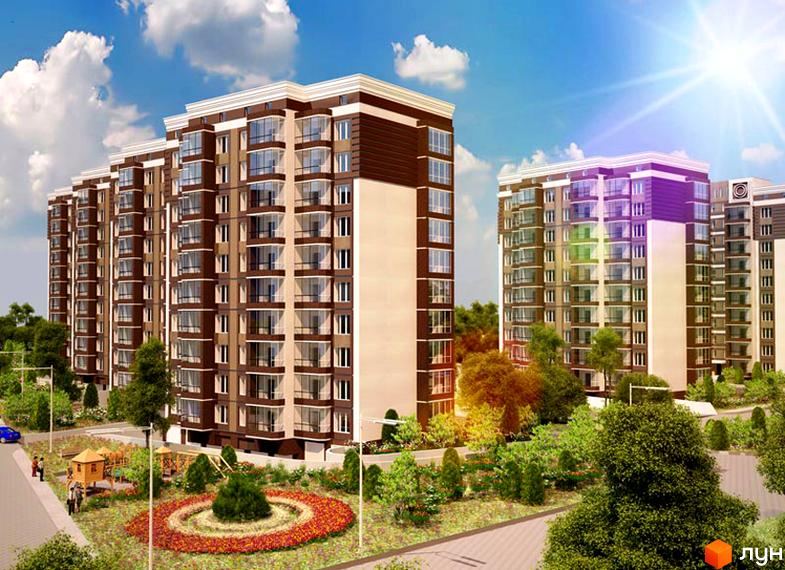 Зображення Житлового комплексу Барбарис: багатоповерхові будинки з великими вікнами та доглянутою прибудинковою територією з квітниками та дитячим майданчиком.