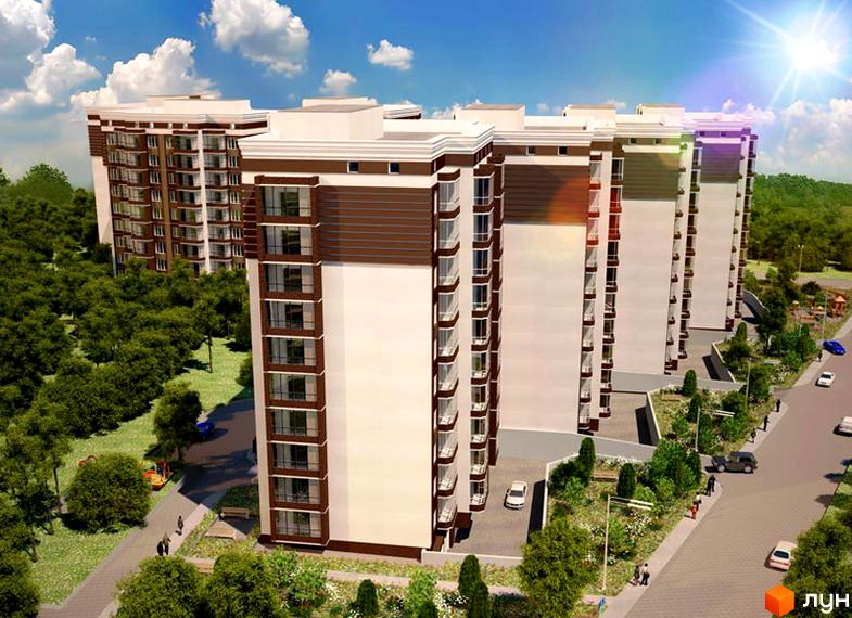 Зображення фасаду та прибудинкової території Житлового комплексу Барбарис. Багатоповерховий будинок з балконами, зелені насадження навколо.