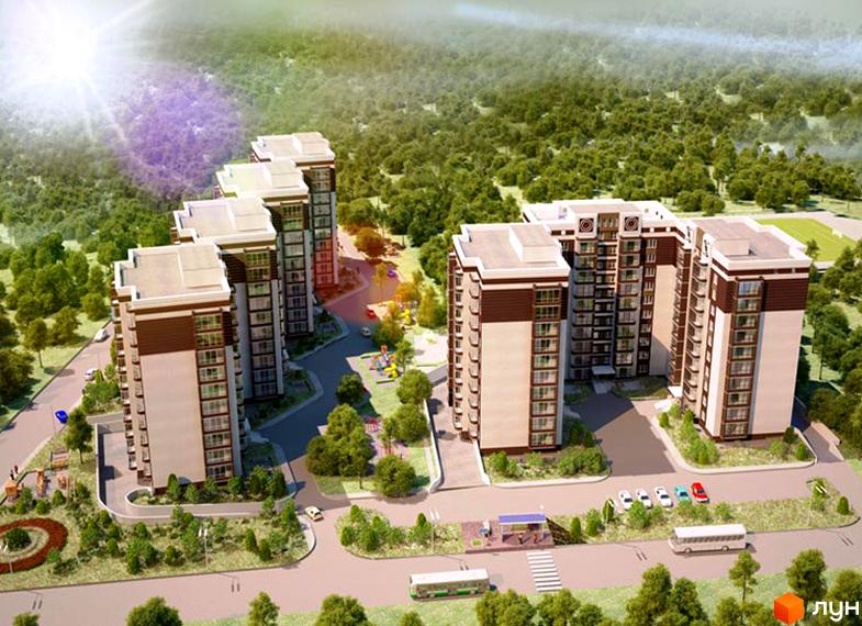 Зображення комплексу Барбарис з висотними будинками та прибудинковою територією. Навколо новобудови зелені дерева, дорога та парковка.