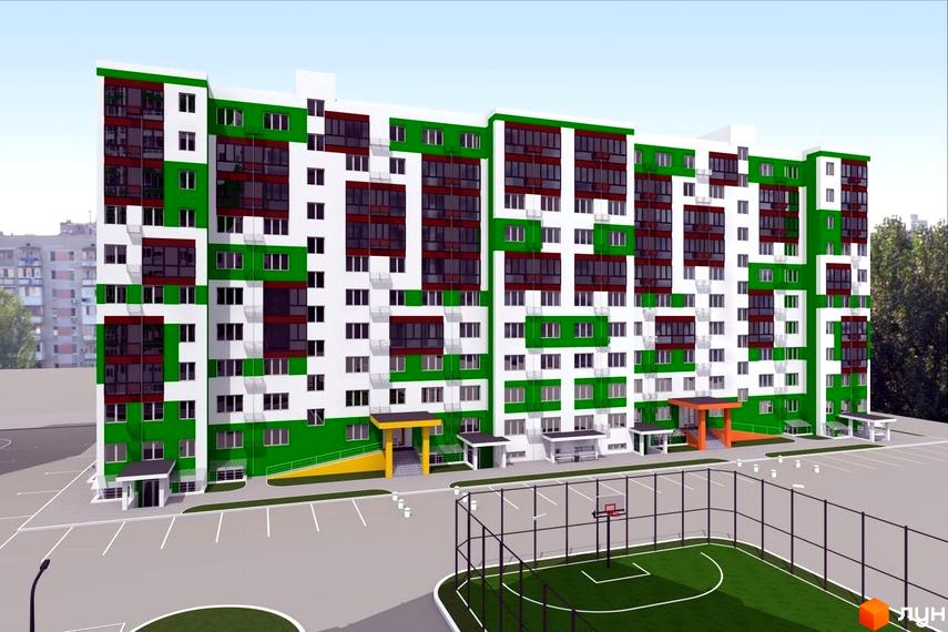 Житловий комплекс ЖМ Острови з яскравим фасадом, прибудинкова територія з паркувальними місцями та спортивним майданчиком.