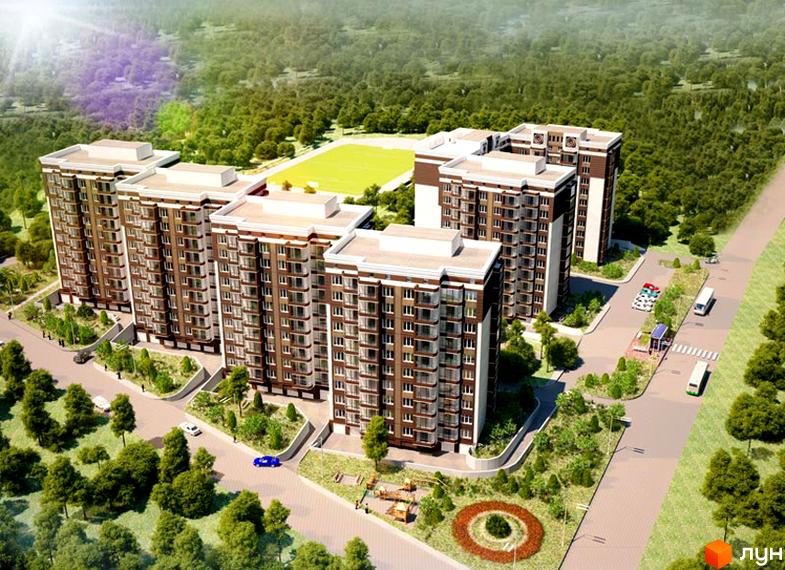 Зображення житлового комплексу Барбарис з висотними будинками. На території є зелені насадження, дитячий майданчик та парковка.