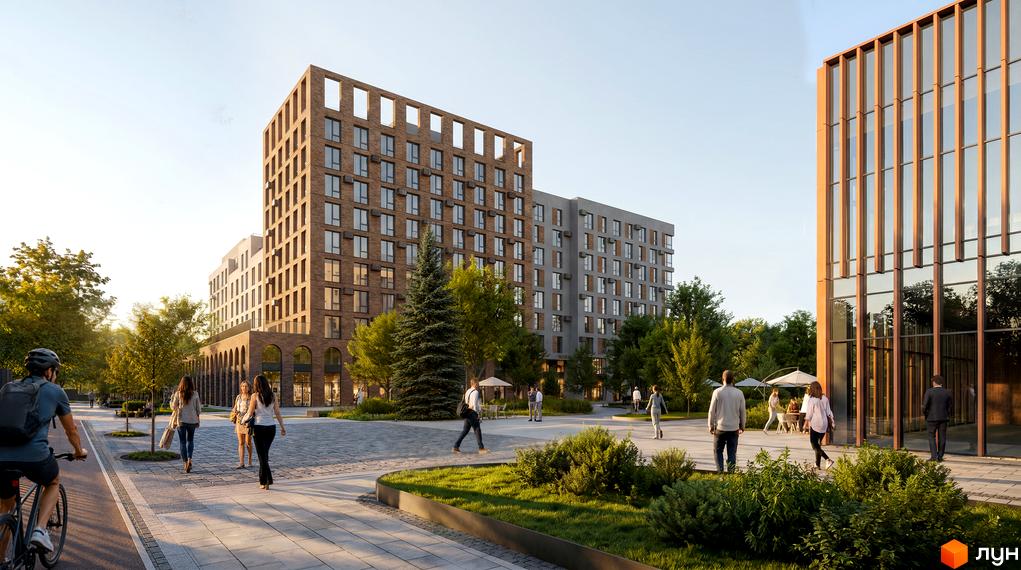 Житловий комплекс Парус WEST: цегляний будинок, скляна будівля з вертикальними елементами, доглянута територія з деревами та пішохідними зонами.