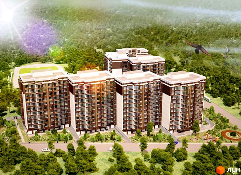 Зображення Житлового комплексу Барбарис з висоти пташиного польоту. На фото видно багатоповерхові будинки та зелену прибудинкову територію.