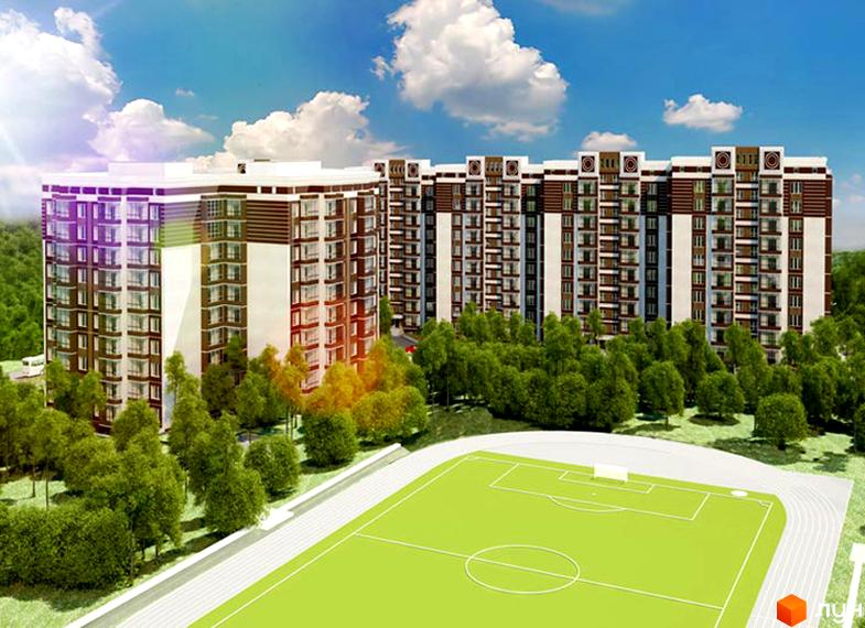 Зображення сторінки Житлового комплексу Барбарис. На фото багатоповерхові будинки та футбольне поле.