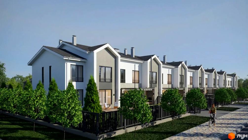 Таунхауси Lazur Village з білими фасадами та сірими акцентами, оточені зеленими деревами та огороджені парканом. Поруч розташована доріжка для прогулянок.