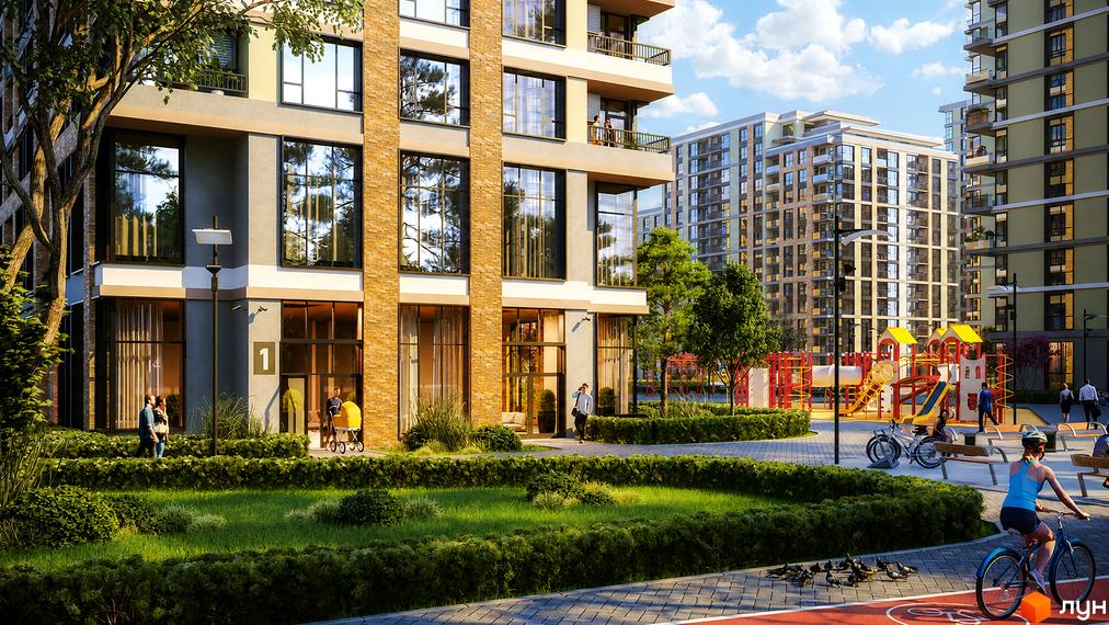 Багатоповерхові будинки Житлового комплексу Krona Park II з комбінованими фасадами. Прибудинкова територія має дитячий майданчик та зелені зони.