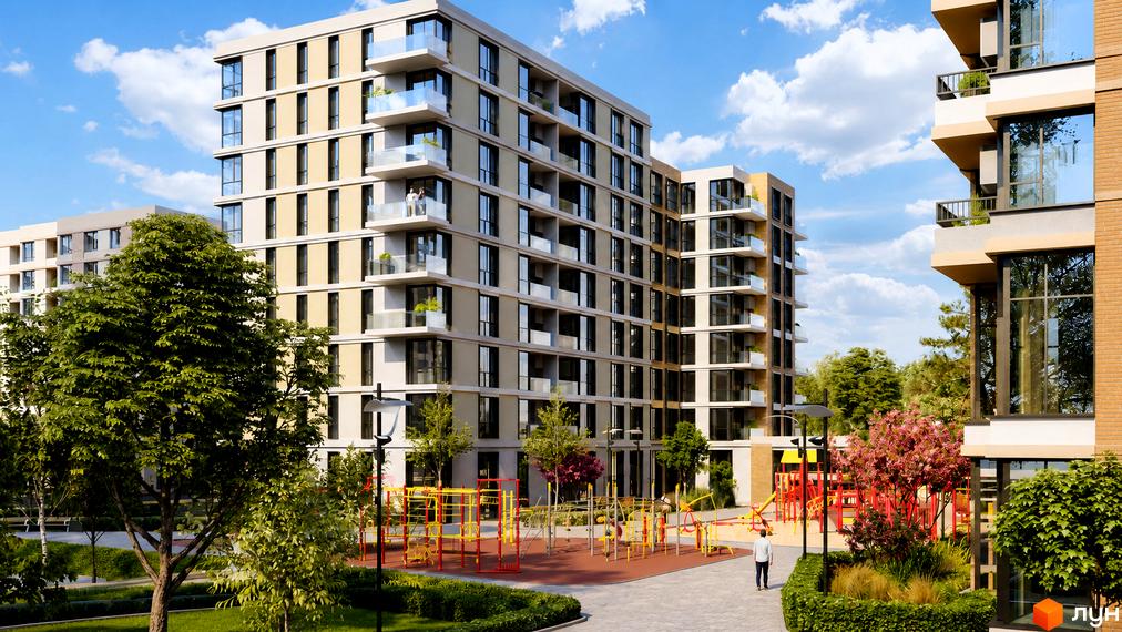 Житловий комплекс Krona Park II з багатоповерховими будинками та дитячим майданчиком. Зовнішній вигляд новобудови та прибудинкова територія.