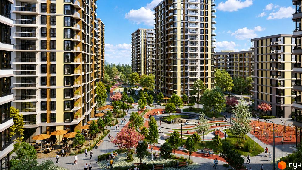 Житловий комплекс Krona Park II: високі будинки з жовто-коричневими фасадами. Прибудинкова територія з доріжками, кафе та дитячими майданчиками.