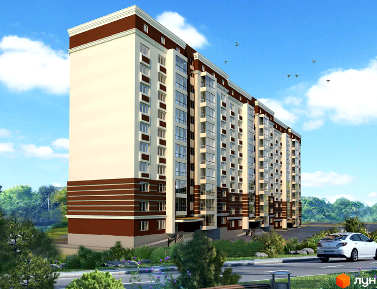 Зображення багатоповерхового будинку в Житловому комплексі Lakeberry. Вигляд фасаду з вікнами та балконами, прибудинкова територія з зеленню.