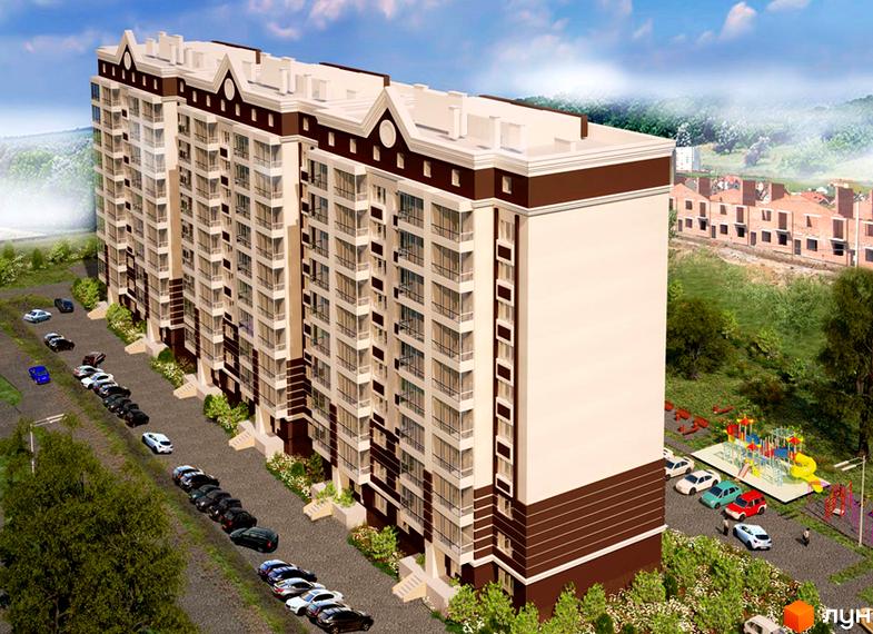 Зображення багатоповерхового будинку в Житловому комплексі Lakeberry. На передньому плані парковка з автомобілями, дитячий майданчик та зелені насадження.