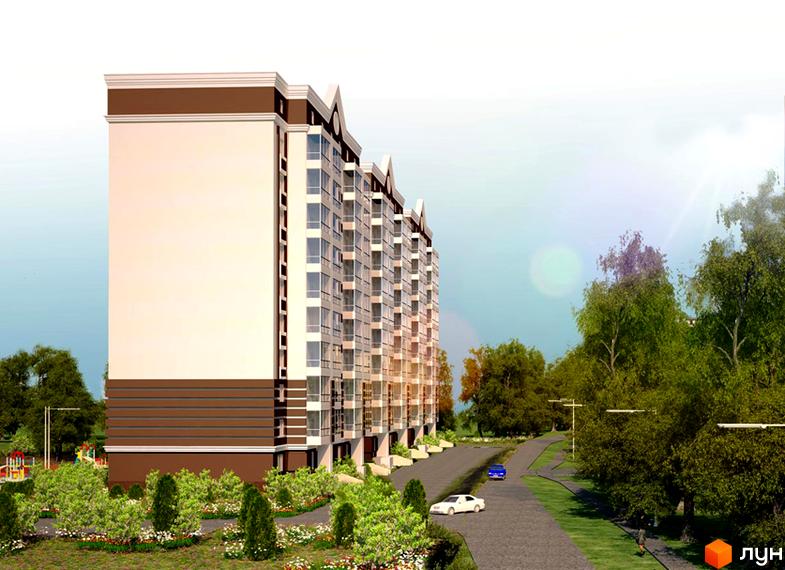 Зображення фасаду та прибудинкової території Житлового комплексу Lakeberry. Багатоповерховий будинок з великими вікнами, зелені насадження навколо.