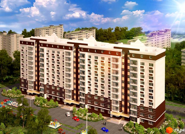 Зображення багатоповерхового будинку в Житловому комплексі Lakeberry. Навколо будинку зелені насадження, дитячий майданчик та парковка.