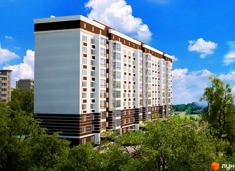 Зображення багатоповерхового будинку в Житловому комплексі Lakeberry на фоні блакитного неба. Вигляд новобудови з прилеглою територією та деревами.