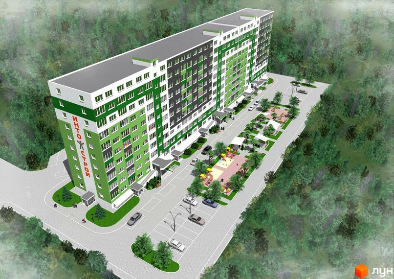 Житловий комплекс ЖМ Острови з зеленими фасадами та прибудинковою територією, облаштованою для відпочинку.