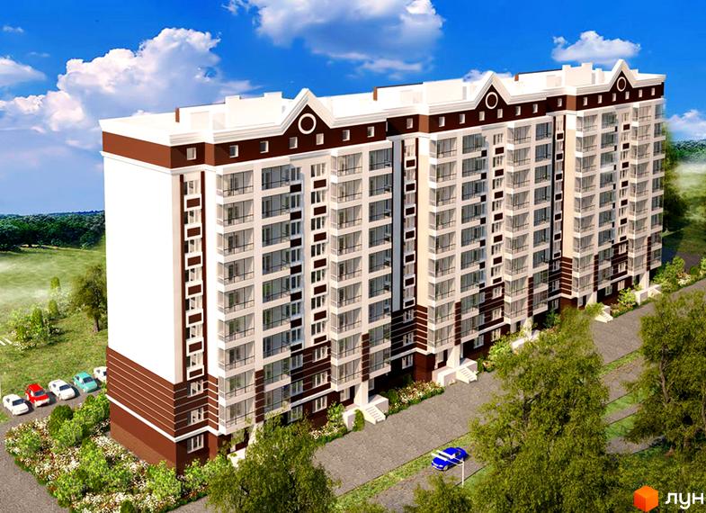 Зображення фасаду багатоповерхового будинку в Житловому комплексі Lakeberry. Навколо будинку зелені насадження та припарковані автомобілі.