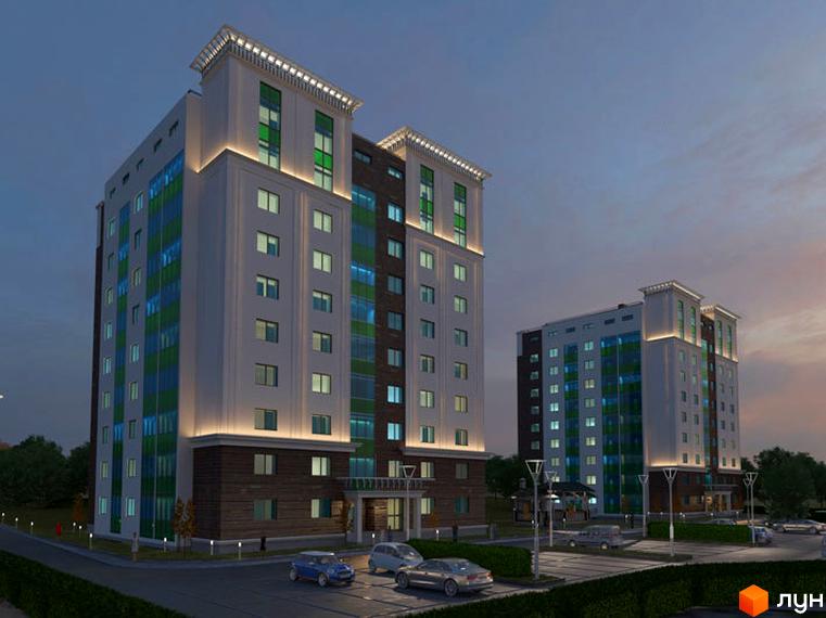 Зображення фасаду та прибудинкової території Житлового комплексу Ізумрудне місто. Вигляд багатоповерхового будинку з паркінгом.