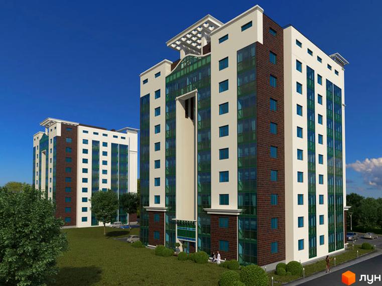 Зображення багатоповерхового будинку Житлового комплексу Ізумрудне місто. Навколо будинку зелена територія з деревами та кущами.