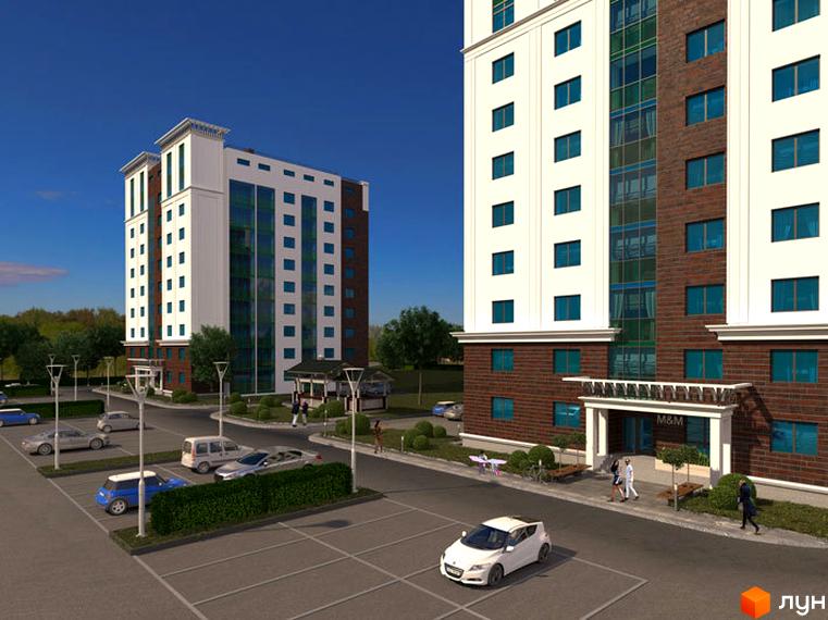 Зображення фасаду та прибудинкової території Житлового комплексу Ізумрудне місто. Вигляд новобудови та парковки біля неї.