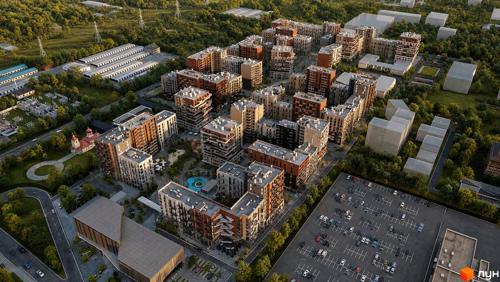 Аерофото Житлового комплексу Grand Residence Chernivtsi: багатоповерхові будинки з різнокольоровими фасадами, доглянуті зелені зони, басейн та парковки.
