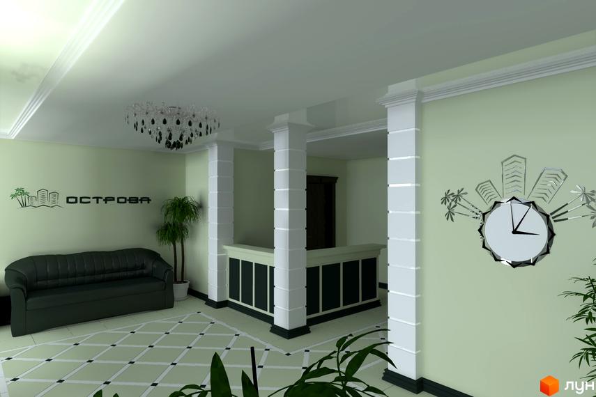 Інтер'єр житлового комплексу Острови з диваном, стійкою рецепції та рослинами. Сучасний дизайн з елементами декору.