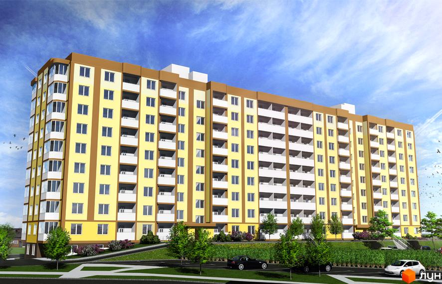 Зображення фасаду Житлового комплексу Банківський. Багатоповерховий будинок з балконами та прибудинковою територією з деревами.