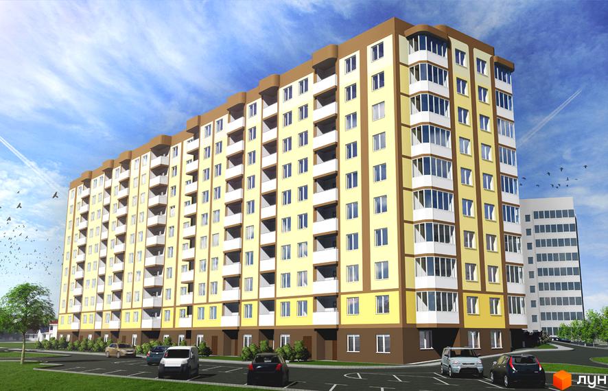 Зображення фасаду та прибудинкової території Житлового комплексу Банківський. Багатоповерховий будинок з парковкою та зеленою зоною.