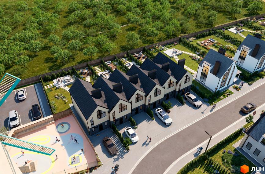 Котеджне містечко КМ VILLAGGO: фасади будинків з темним дахом та світлими стінами, огороджена територія з дитячим майданчиком та зонами відпочинку.