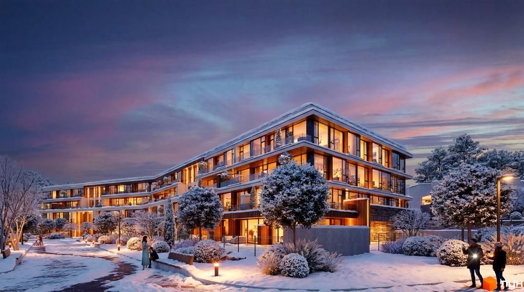 Апарт-комплекс Lviv Resort з великими вікнами та балконами, вкритий снігом, оточений засніженими деревами та освітленими доріжками в сутінках.