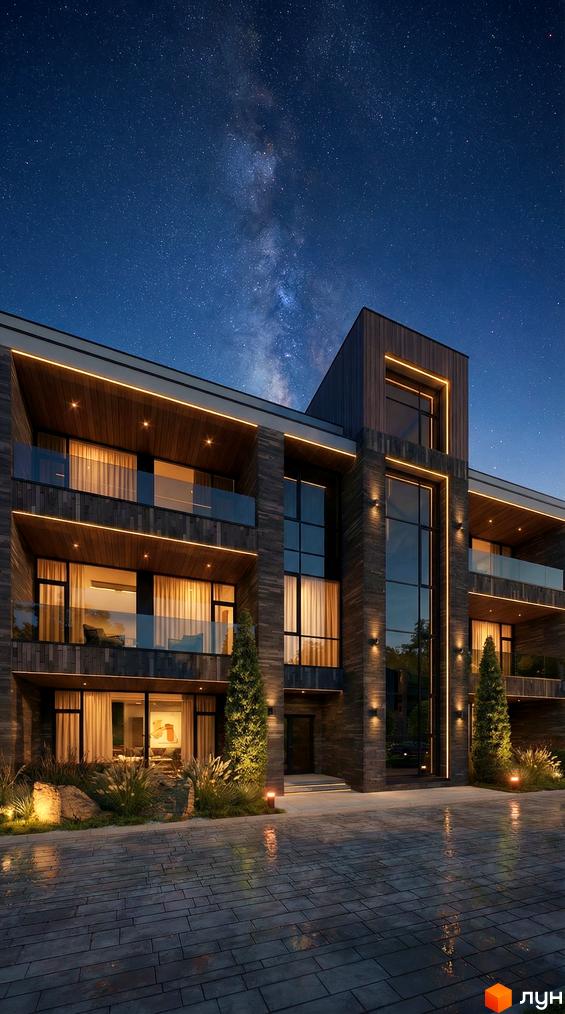 Апарт-комплекс Lviv Resort з фасадом з темного каменю та скляними балконами під зоряним небом. Перед будинком доглянута територія з освітленням та деревами.