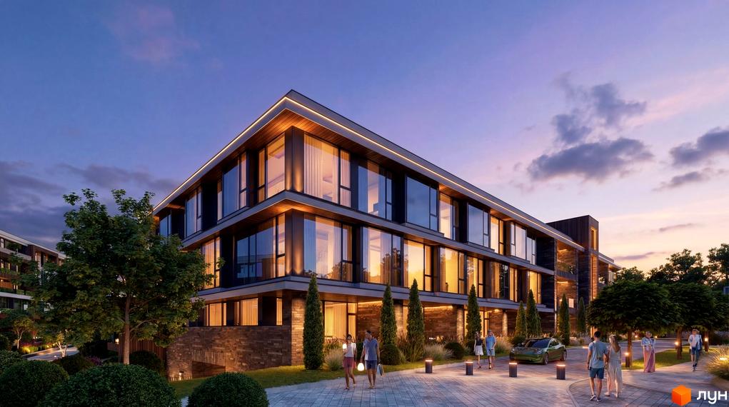 Апарт-комплекс Lviv Resort: триповерховий будинок з панорамними вікнами та підсвіченим фасадом. Прибудинкова територія з доріжками та озелененням.