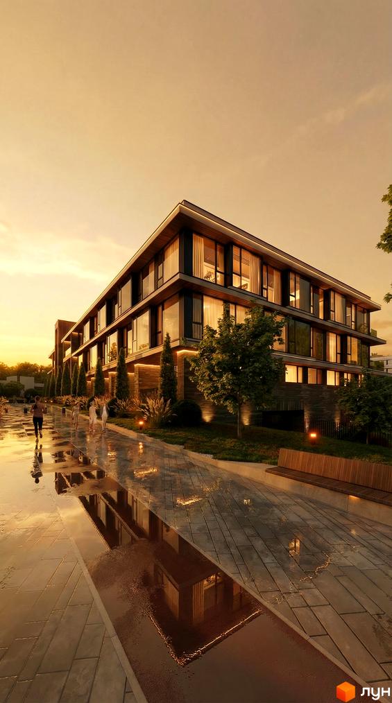 Будівля Апарт-комплекс Lviv Resort з багатоповерховим фасадом, великими вікнами та темними рамами. Прилегла територія має вимощену доріжку з відображеннями, дерева та освітлення.