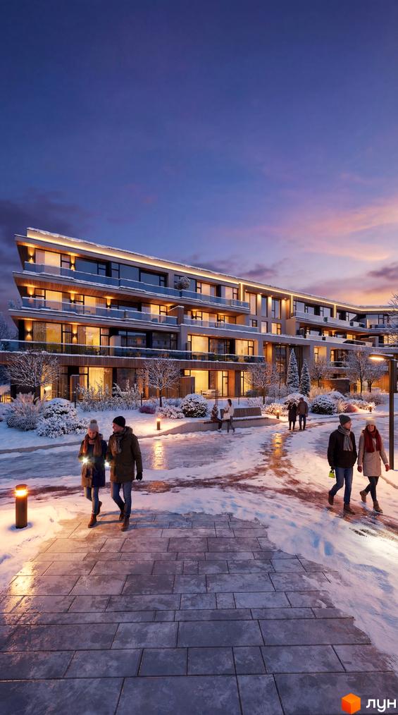 Апарт-комплекс Lviv Resort з балконами та великими вікнами взимку. Навколо будинку розташовані засніжені дерева та освітлена алея.