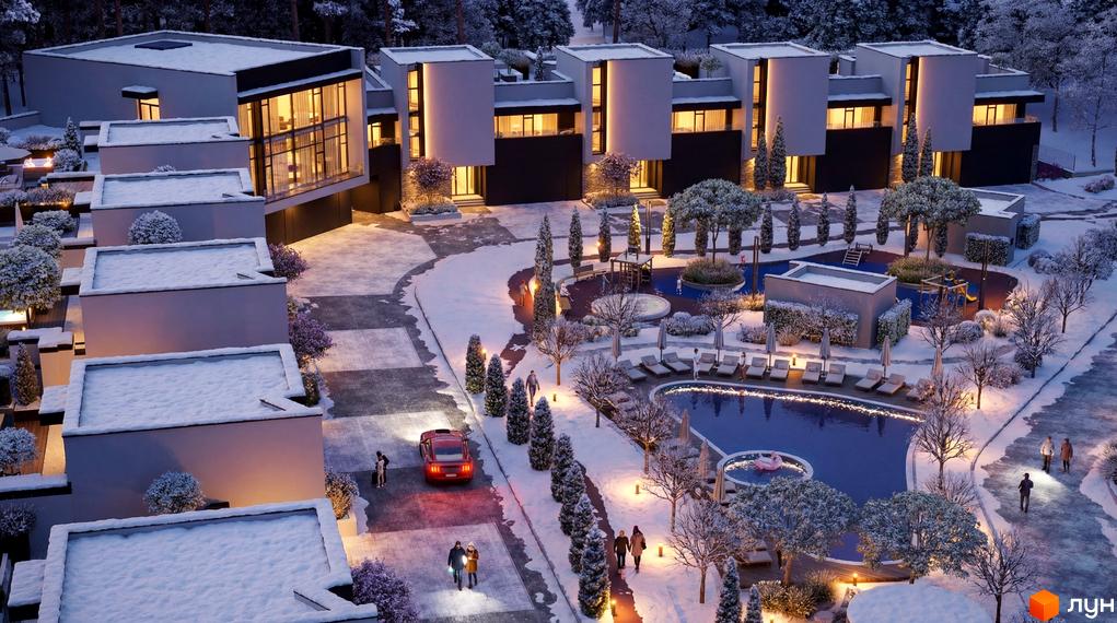 Lviv Resort – новобудова з таунхаусами взимку, з басейном та дитячим майданчиком. Зовнішній вигляд будівель та прибудинкової території.