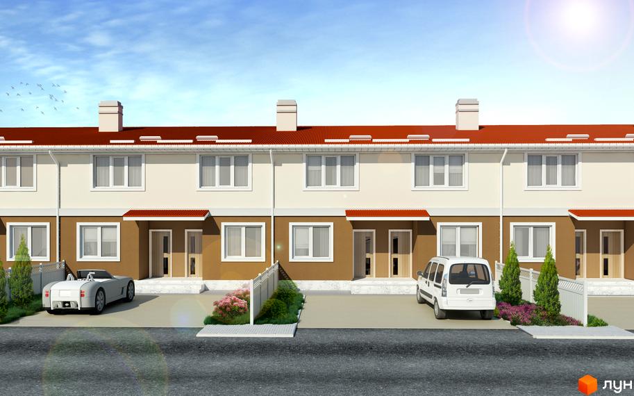 Таунхаус „Новий“: ряд двоповерхових будинків з червоними дахами та світло-коричневими фасадами. Прибудинкова територія має парковки та зелені насадження.