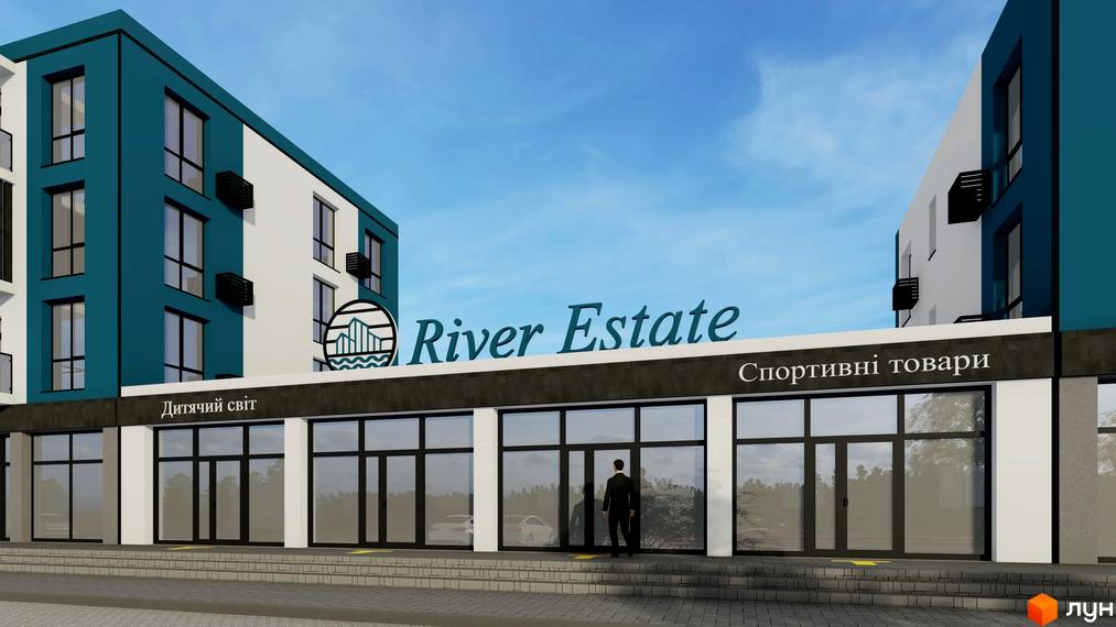 Новобудова River Estate з фасадами бірюзового та білого кольорів, комерційними приміщеннями на першому поверсі та блакитним небом.