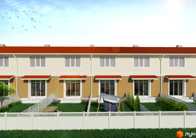 Зображення таунхаусів у Житловому комплексі „Новий“ з червоними дахами та великими вікнами. На території є зелений газон, білий паркан та дитячий майданчик.